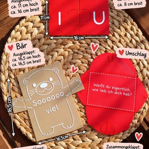 May include: A red rectangular card with white I heart U text, a beige bear-shaped card with white Soooooo viel text, and a red envelope with the German text Wei&szlig;t du eigentlich, wie lieb ich dich hab? printed on it, including dimension labels.