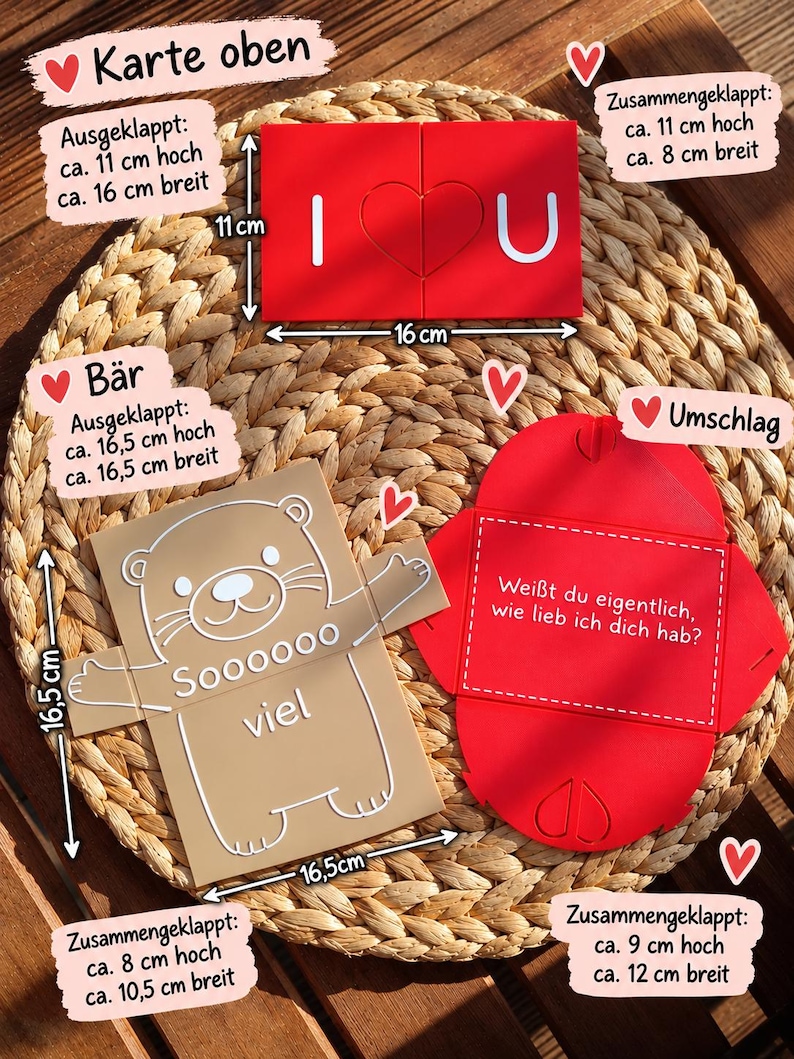 May include: A red rectangular card with white I heart U text, a beige bear-shaped card with white Soooooo viel text, and a red envelope with the German text Wei&szlig;t du eigentlich, wie lieb ich dich hab? printed on it, including dimension labels.