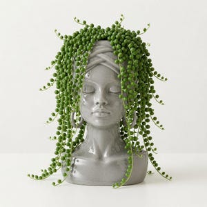 Peut inclure: Un cache-pot en céramique grise brillante en forme de tête, représentant un visage aux yeux fermés avec un turban. Le pot contient une plante de type collier de perles, avec de longues tiges vertes retombantes de petites feuilles rondes.