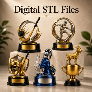 May include: Five decorative trophies with the text Digital STL Files. The collection includes a hockey trophy, a soccer player trophy, a cricket gear trophy, a blue microphone trophy with musical notes, and a gold goat trophy on a cup base.