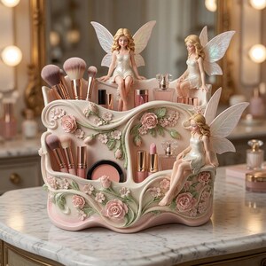 May include: A cream and pink makeup organizer featuring three sculpted fairy figures with iridescent wings. The container is decorated with relief-style roses and vines, holding various makeup brushes, lipsticks, and small perfume bottles.