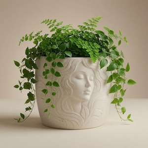 Puede incluir: Una maceta cilíndrica de color blanco roto mate que presenta una escultura en relieve de un rostro sereno con cabello fluido en su exterior. La maceta está llena de un helecho verde vibrante y una planta trepadora que cuelga por los bordes.