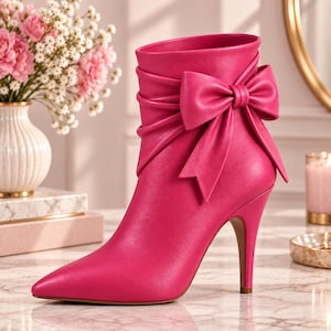 May include: A vibrant hot pink ankle boot featuring a pointed toe, a slim stiletto heel, and a large, decorative bow detail on the outer side. The boot has a smooth, matte finish and a gathered, ruched texture around the upper ankle area.