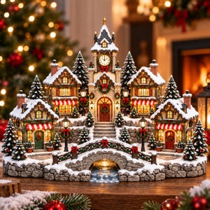 May include: A miniature Christmas village display featuring a central clock tower building flanked by two smaller houses, all with snow-covered roofs. A stone bridge spans a small stream in the foreground, surrounded by evergreen trees and street lamps.