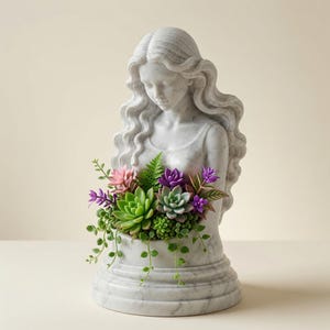 May include: A white marble-effect bust of a person with long wavy hair, featuring a hollowed-out chest area filled with a variety of artificial succulents in shades of green, pink, and purple, including trailing vines and fern-like foliage.