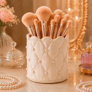 Arquivo STL para Porta-Pincéis de Maquiagem com Pérolas Acolchoadas | Organizador de Penteadeira com Detalhes Acolchoados para Impressão 3D | Download Digital para Decoração de Mesa Coquette