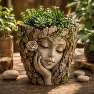 May include: A resin planter shaped like a tree trunk with a sculpted face of a person resting their chin on a hand. The exterior features textured bark, green moss accents, and a light pink rose. The planter is filled with various green succulents.