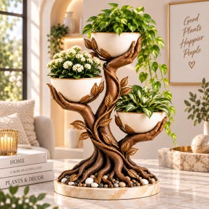May include: A brown tree-shaped planter stand with three white bowls held by sculpted hands. The base features small stones and the tree has textured bark and leaves. The bowls contain green foliage and white flowers. The stand sits on a round base.