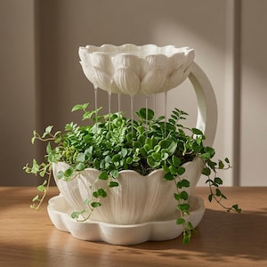 May include: A white, two-tiered lotus-shaped water fountain planter with a textured petal design. The top tier features a basin that drips water into the lower basin, which is filled with various green leafy plants and trailing vines.