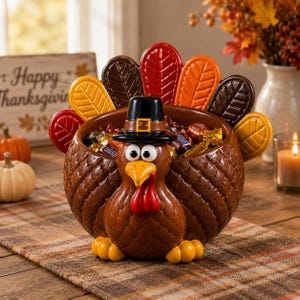 Puede incluir: Un cuenco de cerámica marrón con forma de pavo que presenta un cuerpo texturizado, un sombrero de peregrino negro, un pico amarillo y una carúncula roja. El pavo tiene un abanico de plumas de cola coloridas en rojo, naranja, amarillo y marrón.