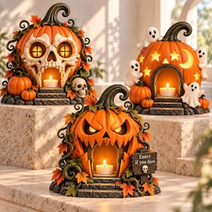 Puede incluir: Tres linternas decorativas con forma de calabaza y velas encendidas. Una tiene cara de calavera, otra fantasmas y estrellas, y la tercera una cara amenazante con un letrero que dice Enter if you dare, todo decorado con hojas de otoño y enredaderas.