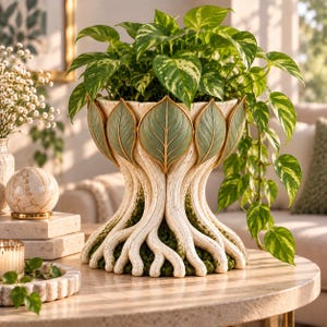 May include: A decorative planter featuring a base sculpted like white tree roots with green moss accents. The upper rim is adorned with a series of sage green leaves with gold-toned edges. A trailing pothos plant with variegated green and white leaves sits inside.