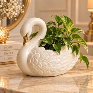 Può includere: Un vaso in ceramica bianca a forma di cigno con finitura lucida e becco dorato. Il cigno presenta dettagliate texture di piume modellate sul corpo e contiene una pianta a foglie verdi sul dorso, posizionato su una superficie in marmo.
