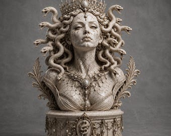 Puede incluir: Un busto de piedra beige de una figura con serpientes por cabello, que lleva una corona ornamentada y un collar detallado. La piel tiene una apariencia agrietada, con acentos decorativos en forma de hoja en los hombros y una base.