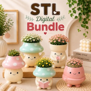 Mushroom Planter STL Bundle, Succulent planter pots, Cute Kawaii Flower pots,3D Print File, Desk Organizer &Home decor, Digital Download