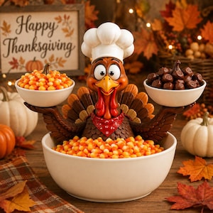 May include: A turkey figurine wearing a white chef hat and a red bandana with white dots. The turkey holds two small white bowls, one filled with orange and yellow candy corn and the other with brown chocolate candies, sitting in a large bowl.