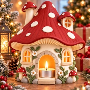 May include: A ceramic mushroom-shaped house candle holder with a red roof featuring white spots. The structure includes a central arched doorway containing a lit tea light candle, two side windows, and decorative sculpted flowers and small mushrooms.