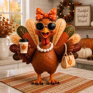 May include: A brown turkey figurine wearing a white pearl necklace, orange polka-dot bow, and black sunglasses. The turkey holds a coffee cup with a maple leaf design in one wing and a beige handbag with a maple leaf charm in the other wing.