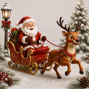 May include: A decorative figurine featuring Santa Claus in a red suit sitting in a red and gold sleigh filled with wrapped gifts, pulled by a brown reindeer with antlers and a red harness, set against a snowy scene with a lit street lamp.
