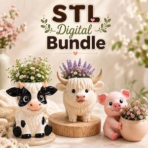 May include: An STL digital bundle featuring three animal-shaped planters. One is a black and white cow, one is a cream-colored highland cow, and one is a pink pig holding a small round pot. Each planter contains small artificial flowers.