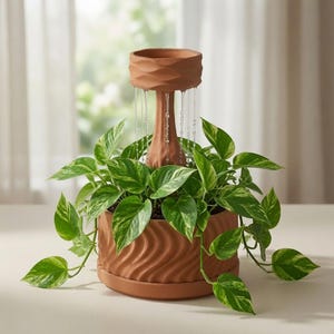 May include: A terracotta self-watering planter featuring a cylindrical base with a wavy texture and a central pedestal topped by a small basin. Water drips from the basin into the soil, which contains a lush, variegated green and yellow pothos plant.