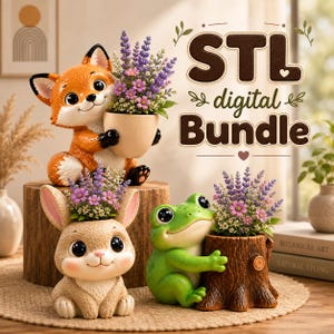 May include: Three animal-shaped planters featuring a fox holding a beige pot, a rabbit with a textured surface, and a green frog hugging a tree stump. Each planter contains purple and pink flowers. The text "STL digital Bundle" is visible.