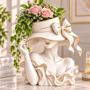 May include: A white ceramic bust planter shaped like a person wearing a wide-brimmed hat with a large bow and gold trim. The figure has gold-painted lips and a ruffled neckline. The hat serves as a container for pink roses and green foliage.
