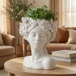 May include: A white ceramic head-shaped planter featuring a sculpted face with closed eyes and hair adorned with detailed floral carvings. The top of the head serves as a container filled with a variety of green succulent plants.