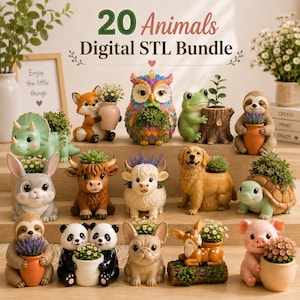 May include: A collection of 20 animal-shaped planters featuring a fox, owl, frog, sloth, triceratops, rabbit, highland cow, dog, turtle, panda, french bulldog, deer, and pig. The text 20 Animals Digital STL Bundle is displayed at the top.