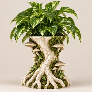 May include: A plant pot shaped like a tree stump with exposed roots, decorated with sculpted mushrooms and patches of green moss. A variegated pothos plant with green and cream-colored leaves grows out of the top of the textured beige planter.