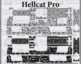 Hellcat Pro Gravurdesign (SVG). Hellcat Pro Gravur mit Rankenmuster (SVG). Hellcat Umriss (SVG).