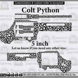 Puede incluir: Un archivo de dise&ntilde;o digital en blanco y negro para un Colt Python con intrincados patrones de volutas florales. La imagen incluye el texto Customization & custom order is accepted, Colt Python, 5 inch, y Ready for Ezcad, Lightburn, Inkspace, Etc.