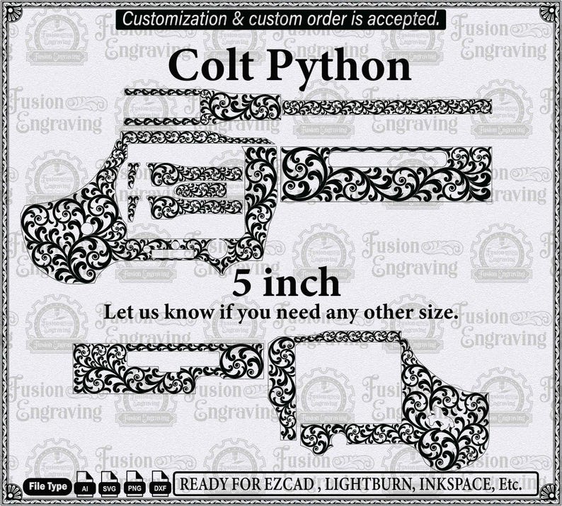 Puede incluir: Un archivo de dise&ntilde;o digital en blanco y negro para un Colt Python con intrincados patrones de volutas florales. La imagen incluye el texto Customization & custom order is accepted, Colt Python, 5 inch, y Ready for Ezcad, Lightburn, Inkspace, Etc.