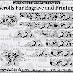 Peut inclure: Une collection numérique de motifs de volutes en noir et blanc pour la gravure et l'impression. L'image présente divers motifs floraux ornés, y compris des bordures linéaires et des motifs d'angle, avec le texte "Scrolls For Engrave and Printing".