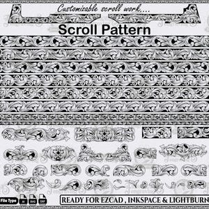 Könnte beinhalten: Eine digitale Sammlung von schwarz-weißen Schnörkelmustern mit komplexen Blumen- und Blattmotiven. Das Bild enthält horizontale Bordüren, Eckakzente und verschiedene dekorative Elemente mit dem Text Scroll Pattern und Ready for Ezcad, Inkspace & Lightburn.