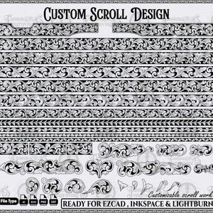 Pode incluir: Uma coleção digital de designs de volutas em preto e branco rotulada como CUSTOM SCROLL DESIGN. A imagem apresenta várias bordas horizontais, ornamentos detalhados e elementos decorativos. O texto inclui FILE TYPE AI SVG PNG DXF e READY FOR EZCAD, INKSPACE & LIGHTBURN.