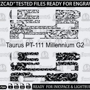 Puede incluir: Un conjunto de archivos digitales para grabado con intrincados patrones de volutas diseñados para la Taurus PT-111 Millennium G2. La imagen muestra motivos florales vectoriales en blanco y negro, el texto EZCAD TESTED FILES READY FOR ENGRAVE e iconos de formato.
