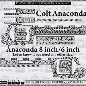 Könnte beinhalten: Eine digitale Designvorlage für Colt Anaconda 8 inch/6 inch Schusswaffen mit komplizierten schwarzen floralen Rankengravuren auf hellgrauem Hintergrund. Der Text enthält Customization & custom order is accepted, Colt Anaconda, Anaconda 8 inch/6 inch, Let us know if you need any other size, sowie Ready for Ezcad, Lightburn, Inkspace, Etc.