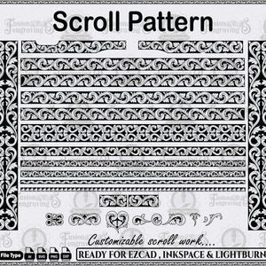 Puede incluir: Una colección digital de patrones de volutas en blanco y negro con intrincados motivos florales y de hojas. La imagen incluye el texto Scroll Pattern, Customizable scroll work y READY FOR EZCAD, INKSPACE & LIGHTBURN con iconos de archivos.