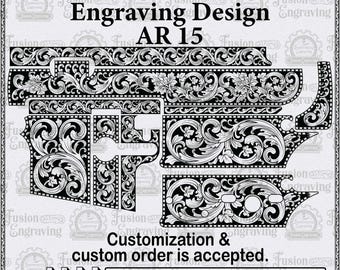 AR-15 Gravurdesign (SVG). AR-15 Gravurmuster mit Rankenmotiv. AR-15 Umriss, Vorlage. AR-15 Gewehr-Rankenornamente.