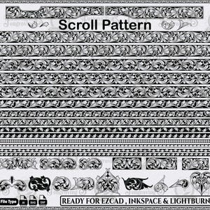 Pode incluir: Uma coleção digital de padrões de volutas em preto e branco com intrincados motivos florais e de folhas dispostos em bordas horizontais e elementos decorativos individuais. O texto Scroll Pattern e READY FOR EZCAD, INKSPACE & LIGHTBURN é visível.