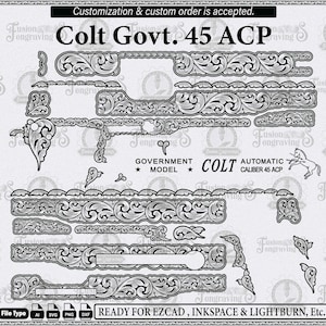 Pode incluir: Um arquivo de design digital para gravação de uma Colt Govt. 45 ACP com padrões complexos de volutas. O layout inclui vários contornos de componentes, o texto 'GOVERNMENT MODEL', 'COLT AUTOMATIC CALIBER 45 ACP' e um pequeno gráfico de um cavalo.