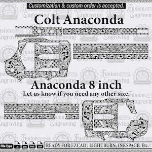 Peut inclure: Un fichier de conception numérique pour un revolver Colt Anaconda 8 inch, présentant des gravures complexes de volutes et de serpents. La mise en page comprend divers composants d'arme à feu avec des motifs détaillés et des icônes de format.