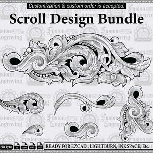 Könnte beinhalten: Eine digitale Grafikdatei mit dem Titel Scroll Design Bundle, die schwarz-weiße, filigrane Schnörkelmuster zeigt. Die Sammlung enthält verschiedene verzierte Blumen- und Blattmotive mit detaillierter Linienschattierung auf einem hellgrauen Hintergrund mit wiederkehrenden Wasserzeichen-Logos.