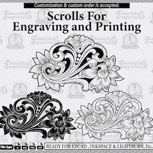 May include: A digital graphic file featuring three variations of a floral scroll design. The top design is a line art outline, the bottom left is a solid black silhouette, and the bottom right is a detailed line drawing with shading.