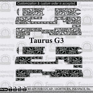 Könnte beinhalten: Eine digitale Designdatei für eine Taurus G3 mit komplexen schwarz-weißen floralen Rankenmustern. Das Bild enthält mehrere Layout-Segmente für Gravuren, mit dem Text Customization & custom order is accepted.