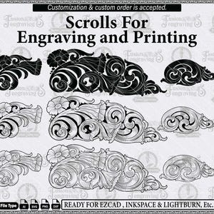 Könnte beinhalten: Eine digitale Sammlung dekorativer Schnörkel-Designs zum Gravieren und Drucken, mit floralen und geschwungenen Mustern in Schwarz, als Umriss und schattiert. Der Text lautet: Customization & custom order is accepted. Scrolls For Engraving and Printing. READY FOR EZCAD, INKSPACE & LIGHTBURN, Etc.