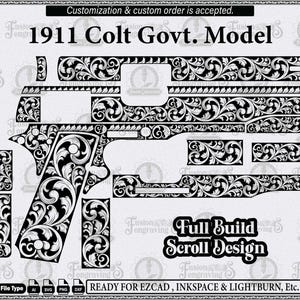 Pode incluir: Um modelo de design digital em preto e branco para um modelo 1911 Colt Govt. com um design de voluta completo. A imagem exibe vários contornos de componentes de armas de fogo preenchidos com padrões florais intrincados e inclui etiquetas.