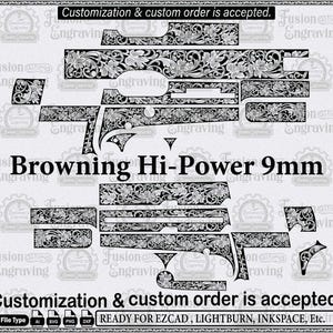 Browning Hi Power graveerontwerp SVG, Browning pistool krulwerkpatroon SVG, wapengraveervector, digitale download SVG.