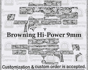 Browning Hi Power graveerontwerp SVG, Browning pistool krulwerkpatroon SVG, wapengraveervector, digitale download SVG.